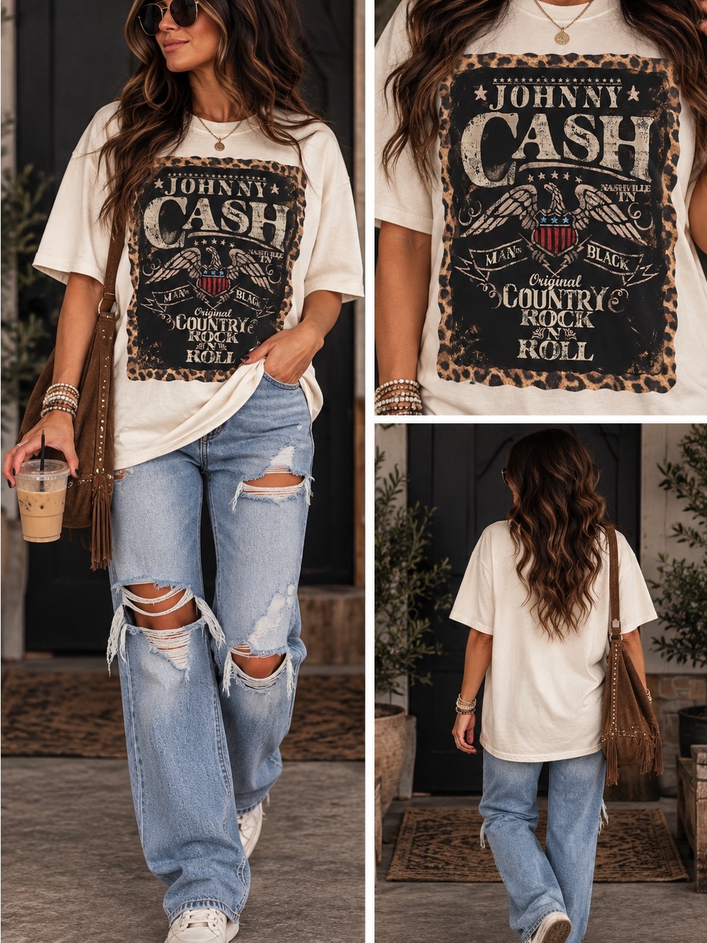Johnny Cash Graphic Tee - Cream Leopard Trim